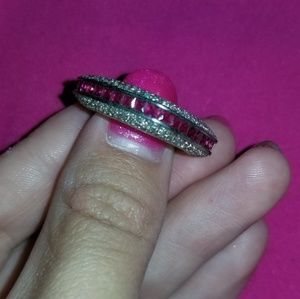 Square Silver & Pink Rhinestone Encrusted Ring